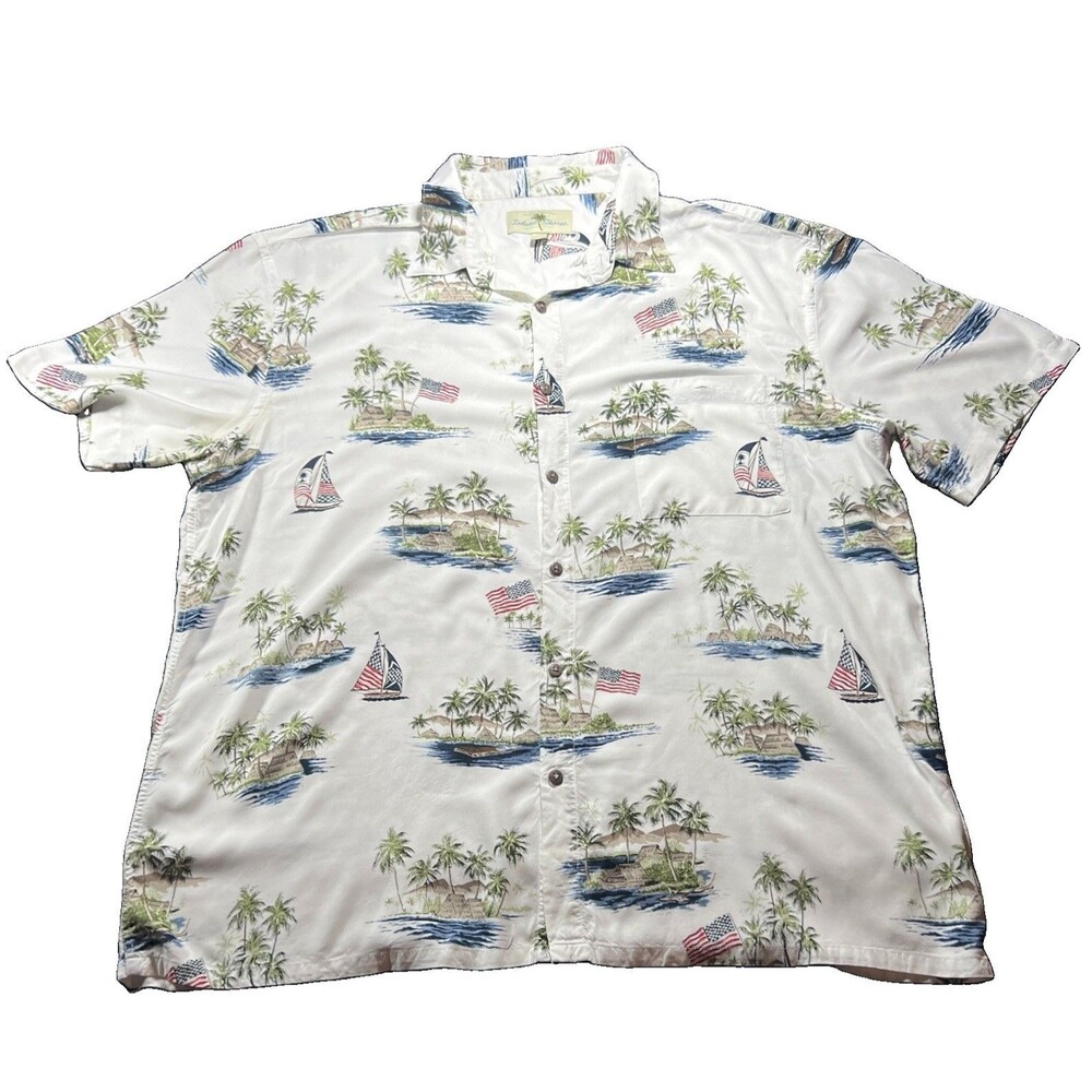 Men’s Island Shores Patriotic Hawaiian Resort Wear Camp Shirt White XL